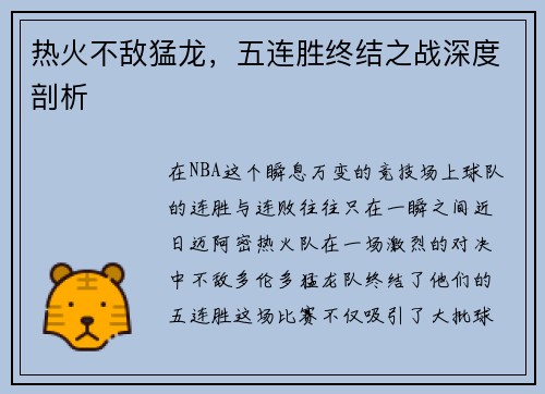 热火不敌猛龙，五连胜终结之战深度剖析